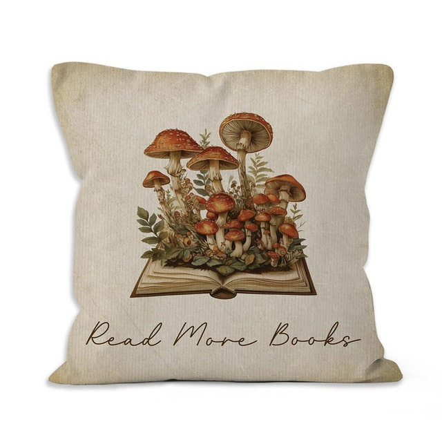 VRW Vintage Mushroom Book Reading Throw Pillow Covers 18x18, Read More Books Decorative Pillow Covers for Classroom Reading Room Corner, Book Lovers Reader Gifts Accent Pillows Cover Pillowcases