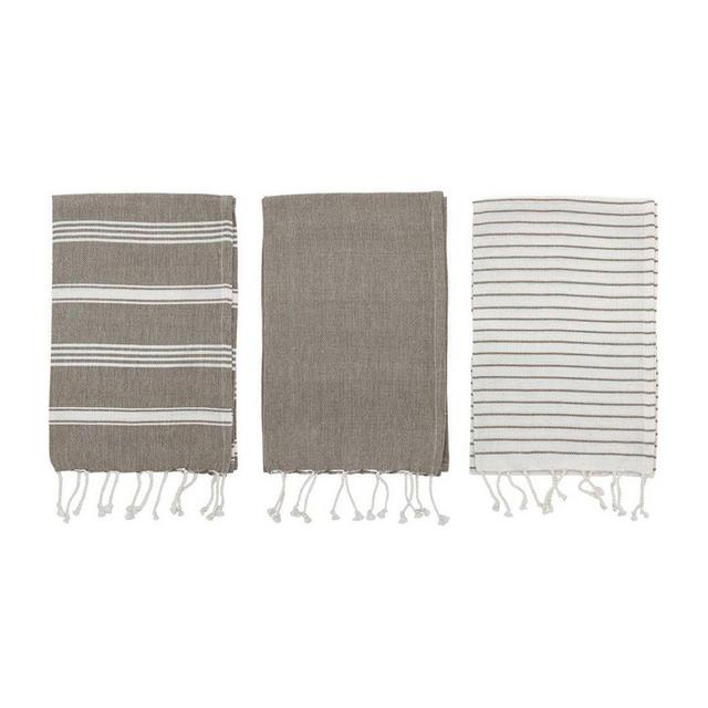 Cotton Striped Tea Towels - Beige & White, Set of 3