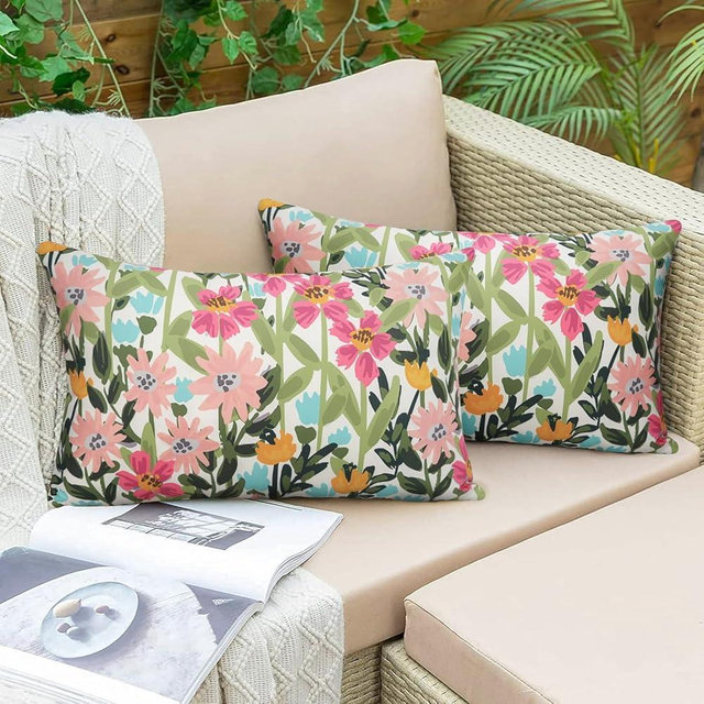 Pyonic Outdoor Pillow Covers Pack of 2 Floral Waterproof Throw Pillows 12X20 inches for Patio Furniture Garden