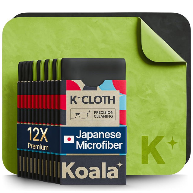Koala Lens Cleaning Cloth | Japanese Microfiber | Black Green (Pack of 12) | Glasses Cleaning Cloths | Eyeglass Lens Cleaner | Eyeglasses, Camera, VR/AR Headset, and Screen Cleaner | Washable & Reusable