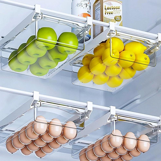 EOSVAROG 2 Pack Refrigerator Organizer Bins Pull Out Drawer, 12” Adjustable Refrigerator Drawers, Plastic Refrigerator Organizer Set, Clear Fridge Drawer Organizer, Vegetable Veggies Fruit Container