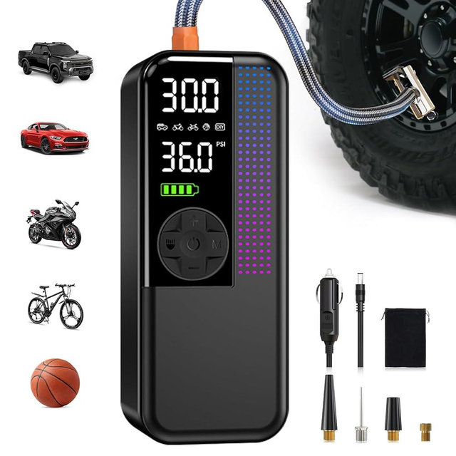 WEOLULI Tire Inflator Portable Air Compressor,150 PSI Cordless Air Pump, 12V DC Car Plug,Dual Power 10000mAh, Fast Inflation 24L/Min, 4 Preset Modes for Car, Bike, Motorcycle, Balls (Black, 10000mAh)