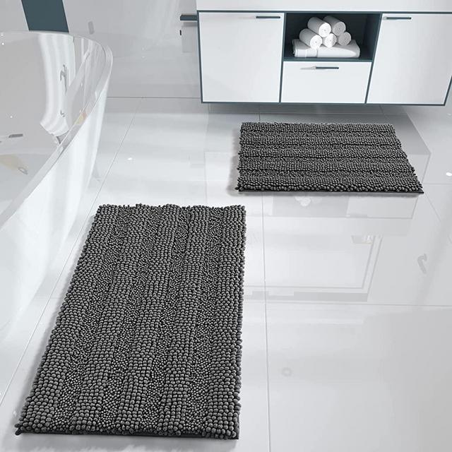 Yimobra Luxury Chenille Shaggy Bathroom Rug Set, 2 Pack Soft Fluffy Plush Bath Mat, Extra Thick, Non-Slip, Water Absorbent, Machine Washable, Bath Mats for Bathroom (Dark Grey, 20" x 32"+17" x 24")