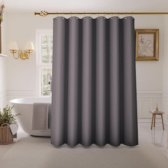 Inhousolu Fabric Shower Curtain Waffle Weave, Graphite Grey 230 GSM Heavy Duty, Weighted Hem, 14 Metal Hooks, Water Repellent, Machine Washable, Hotel Spa Luxury Bath Curtain Set, 72 x 72 Inch