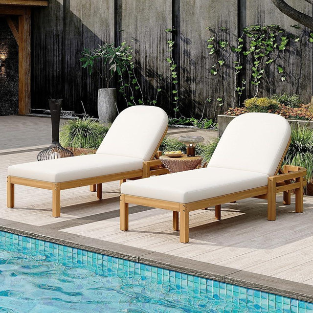 VilroCaz Acacia Wood Outdoor Chaise Lounge Set of 2, Patio Recliner with Cushions and Arched 5-Position Adjustable Backrest, Outdoor Lounge Chairs for Poolside, Garden, Backyard (Light Teak-Z2S)