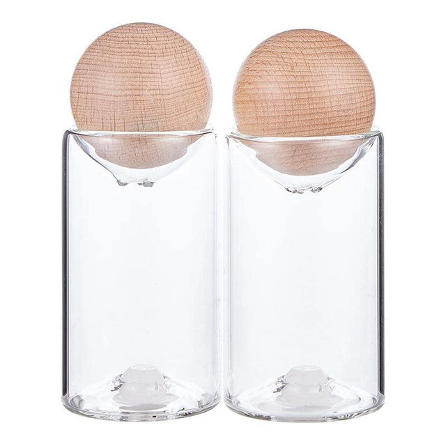 Santa Barbara Design Studio Salt & Pepper Shakers Table Sugar Collection Sleek Kitchen Essentials, 3.25" Tall, Glass/Beech Wood