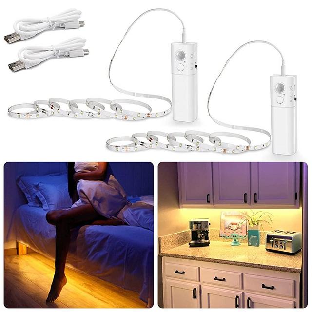 Rechargeable Motion Sensor Strip Light, WOBANE LED Counter Lights, Upgraded Battery Operated LED Strip Light for Wardrobe,Stair,Pantry,Under Cabinet,Cupboard,Bed,Locker,2700K Warmwhite,6.56ft,2 Pack