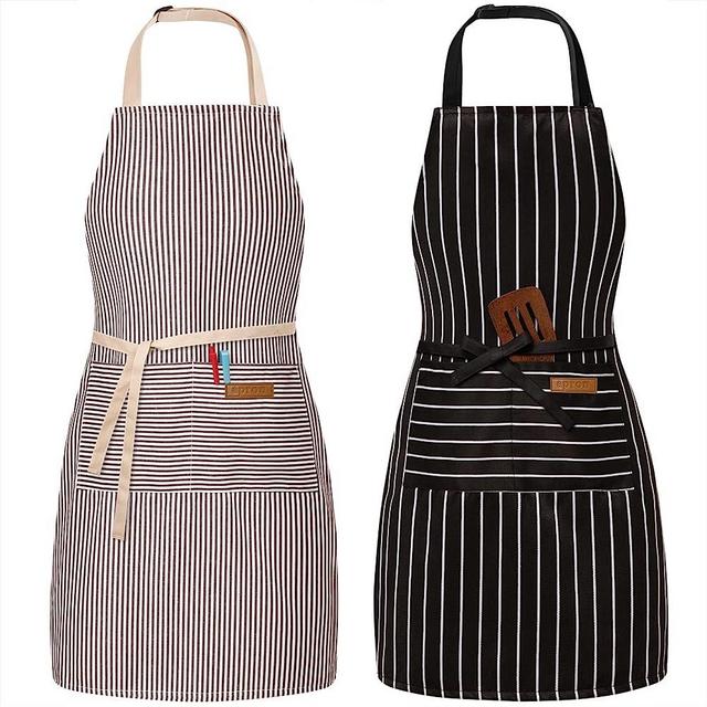 BeLuyi 2 Pack Adjustable Bib Apron with 2 Pockets Chef Cooking Kitchen Restaurant Aprons for Women Men (Black/Brown Stripes)