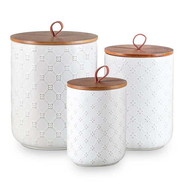 Tenforie Ceramic Canisters Set with Airtight Lids, 82/48/30 oz Coffee Canisters Sets for the Kitchen, White Large Jars for Flour, Sugar, Pasta, Coffee, Cookies, Tea - Set of 3, Embossed Pattern