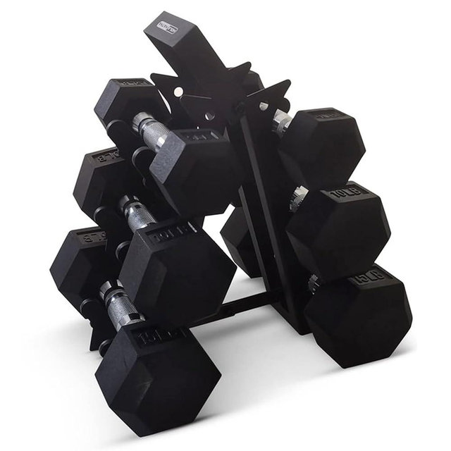 HolaHatha Hexagonal Non Slip Free Hand Dumbbell Weight Training Exercise Set w/Textured Grips & Folding Storage Rack