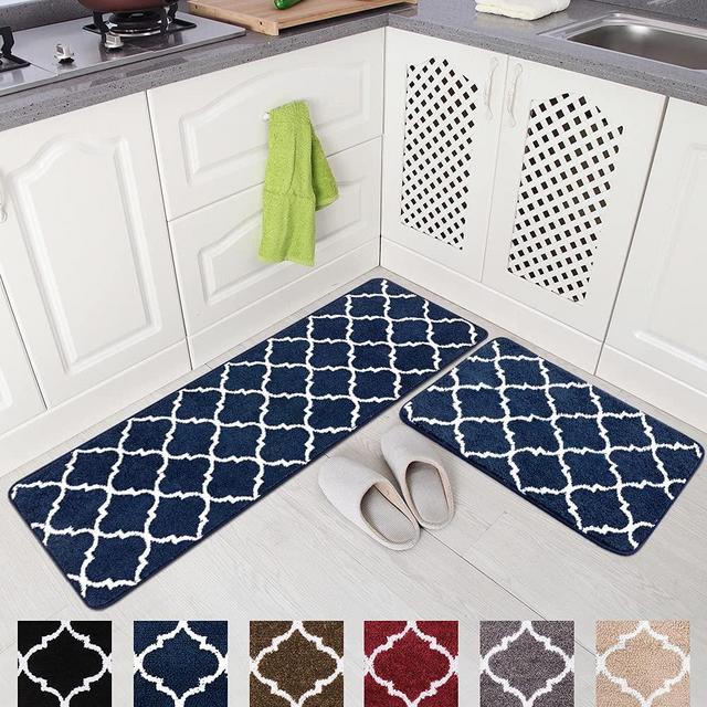 Carvapet 2 Pieces Microfiber Moroccan Trellis Non-Slip Soft Kitchen Mat Bath Rug Doormat Runner Carpet Set (17"x48"+17"x24", Navy)