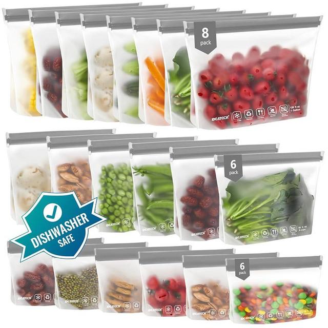 Reusable Storage Bags, BPA Free PEVA Reusable Freezer Bags,Reusable Gallon Bags, Reusable Sandwich Bags, Silicone Food Bags for Women, Men (Grey, 20Pack-8Gallon+6Quart+6Snack)