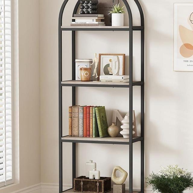 Yusong Bookshelf 4 Tier Arched Bookcase, 71.3" Tall Industrial Open Book Shelves for Living Room, Modern Freestanding Display Shelving Storage Rack Metal Frame, Office, Bedroom, Grey