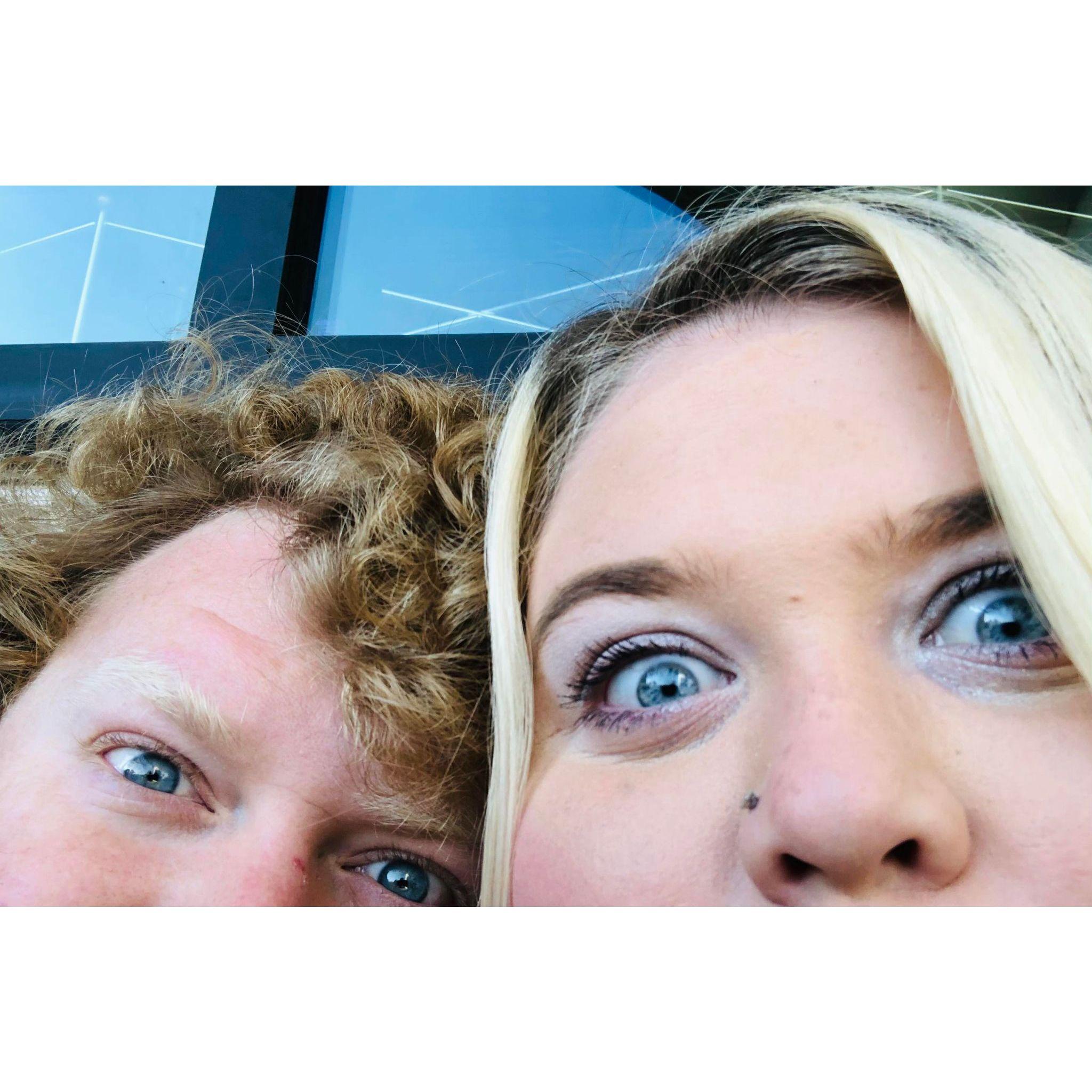 Who's eyes are bluer?