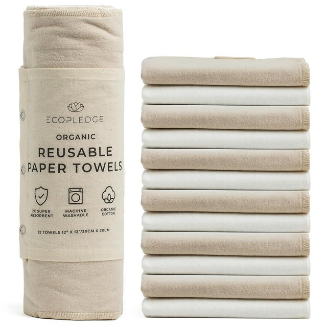 EcoPledge Reusable Paper Towels Washable Roll - Thick 12-pc Two Layered Ultra Absorbent Paperless Certified Organic Cotton Towels - Large Cloth Kitchen Paper Towel with Hanging Loop