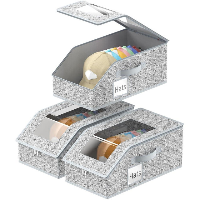 3 Pack Stackable Hat Organizer for Baseball Caps, Hat Storage with Clear Window Lid, Holds up to 45 Ball Cap Storage Organizer, Foldable Hat Box Holder with Cardboard, for Closet Bedroom Shelf(Grey)