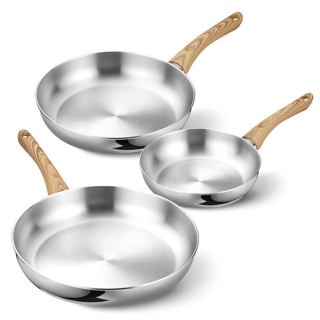KOCH SYSTEME CS Stainless Steel Frying Pan Set of 3, 8"&10"&12" Stainless Steel Pans Set with Heat-resistant Bakelite Handle, Suitable for All Stove, Dishwasher Safe