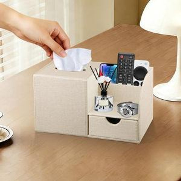 Nightstand Organizer with Tissue Holder,PU Leather Square Tissue Box Cover,Modern Facial Paper Organizer Storage Box for Remote Control,Bathroom,Vanity Countertop,End Table Home Office.Beige
