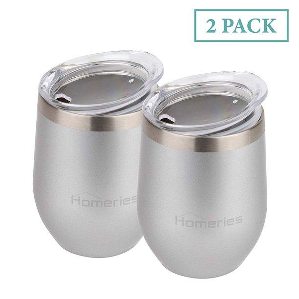 Stainless Steel Wine Tumbler Glasses (Set of 2 / 12oz) with Spill Proof Lid–Metal Stemless Mug Cups for Beer, Drinks, Cocktail, Coffee
