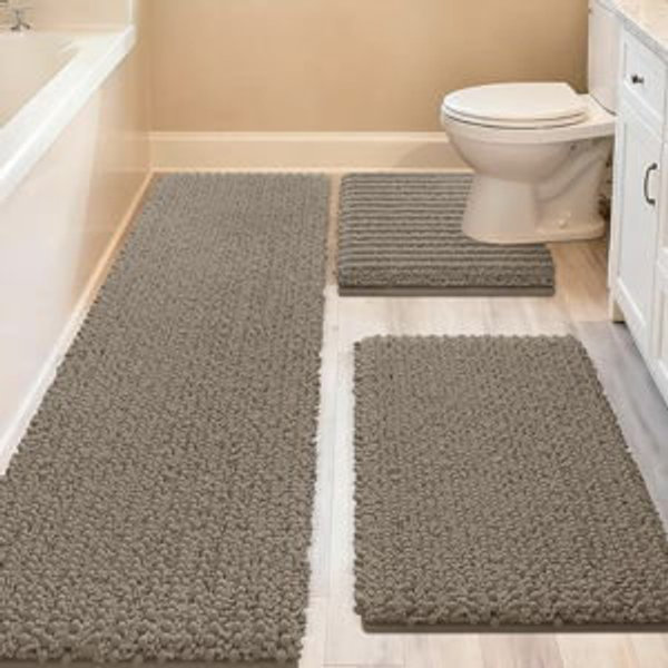 (DARK BEIGE) Upgrade Extra Large Dark Beige Bathroom Rug Set 3 Pieces Gray Ultra Soft, Thick Absorbent Bath Mats, Non Slip Chenille Toilet Mat Bathroom, Bedroom, Kitchen, Taupe