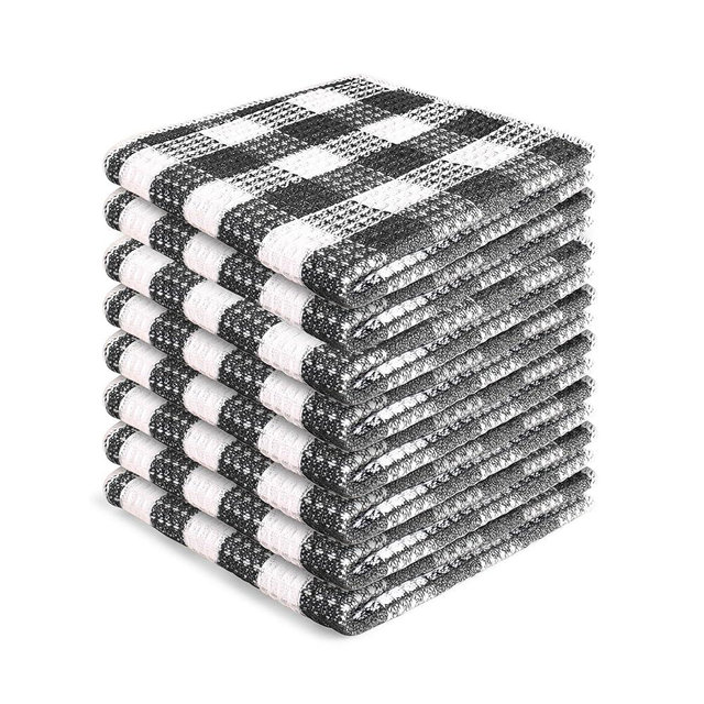 Blue Needles Waffle Weave Check Plaid Dish Cloths, 12x12 Inches 100% Cotton Set of 8 Dish Towels for Kitchen, Ultra Soft & Absorbent Kitchen Towels for Quick Drying Spring Summer - Black & White