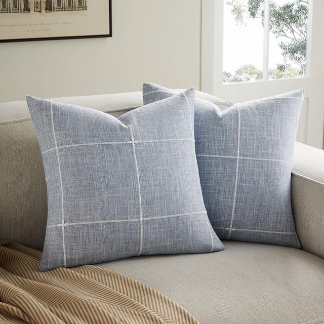 YZJZEDS 2 Packs Grid Embroidery Throw Pillow Covers, 16x16 Inch Blue, Farmhouse Linen Decorative Dusty Blue Cushion Covers for Sofa Bed Living Room Home Decor