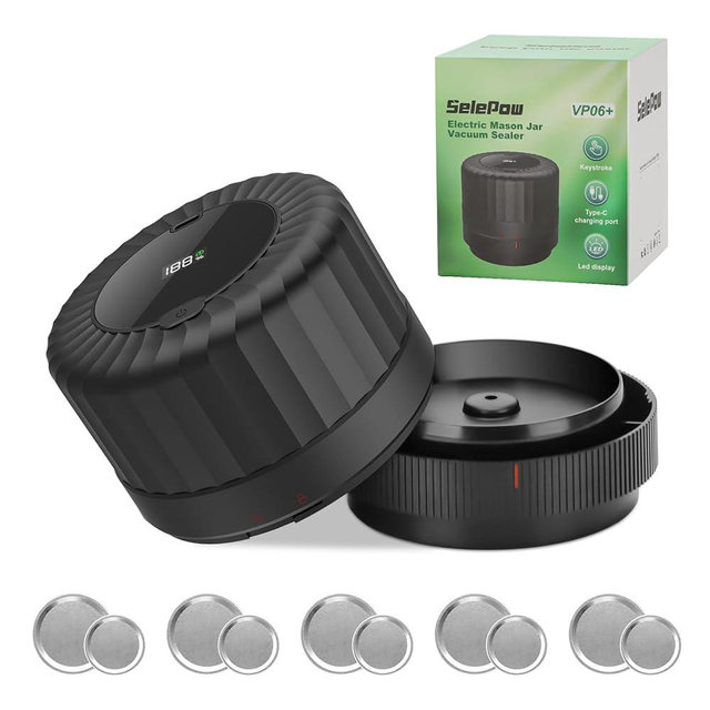 SelePow Electric-Mason-Jar-Vacuum-Sealer, Wide Mouth and Regular Mouth Mason Jars with LED Indicator for Food Storage and Fermentation, Black