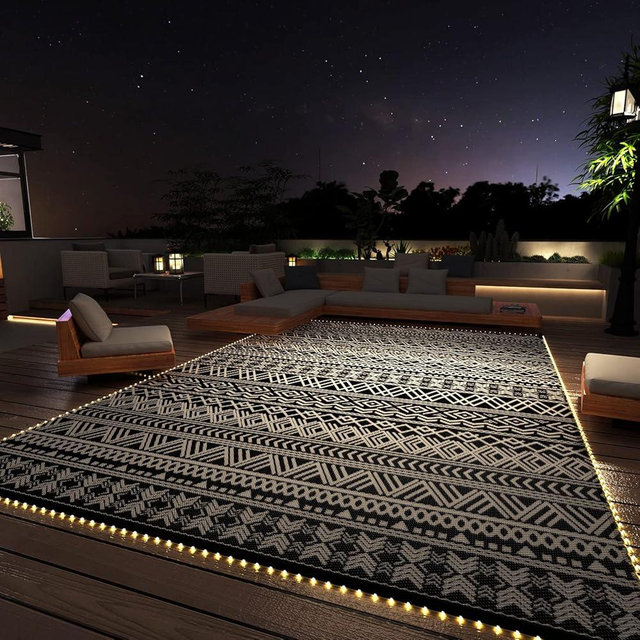 MontVoo-Outdoor Rug Carpet 8x10 ft for Patio RV Camping with Led Strip Lights Waterproof Plastic Straw Rug Reversible Portable Outside Indoor Outdoor Rug Mat for Patio Decor Balcony Picnic-Boho Rug