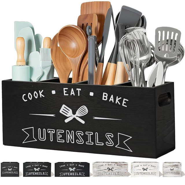 Groqrsn Extra Large and Durable Black Wooden Kitchen Utensil Holder - Ideal Kitchen Decor for Countertop with Party and Home Use （black Extra Large）