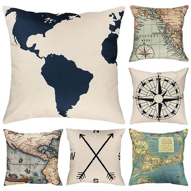 Faylapa 6 Pack Geography Theme Pillow Cases,Map Art Decorative Cushion Cover Pillowcase Home Decoration Sofa 18×18 Inches (45×45cm)(Case ONLY)