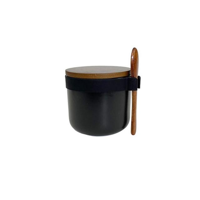 Comeon Ceramic Sugar Spice Container Sugar Bowl with Bamboo Lid and Spoon Porcelain Condiment Jar for Home Kitchen 250ML(8.54OZ) (Matte Black-1P)