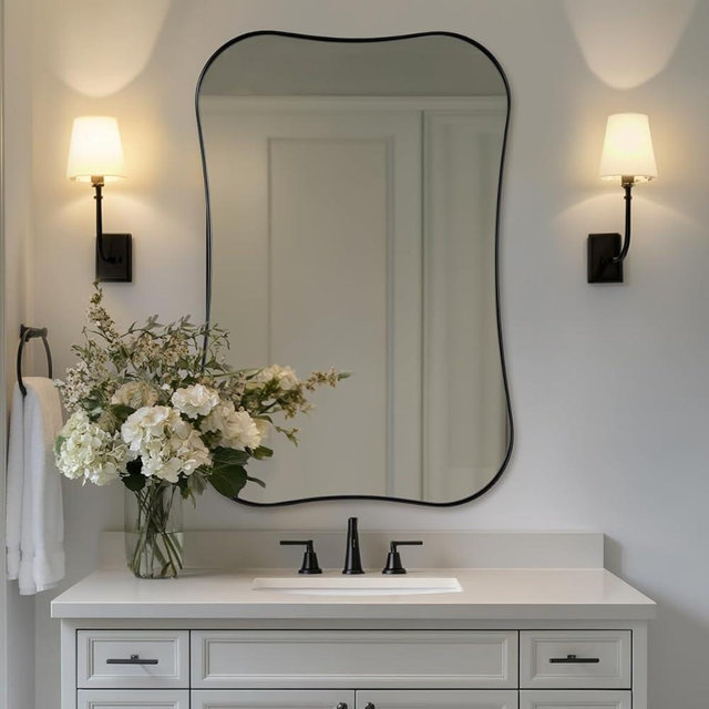 ANDY STAR Wavy Bathroom Mirror, 24x36 Inch Irregular Black Vanity Mirror, Asymmetrical Modern Decorative Mirror for Bathroom, Over Sink, Entryway, Living Room in 1'' Metal Frame Wall Mounted