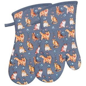 Oven Mitts Gloves 1 Pair Heat Resistant 480 ℉ Non Slip Clear Silicone Printed Cat Comfortable Cotton Lining Machine Washable (Cat, Grey Mitts)