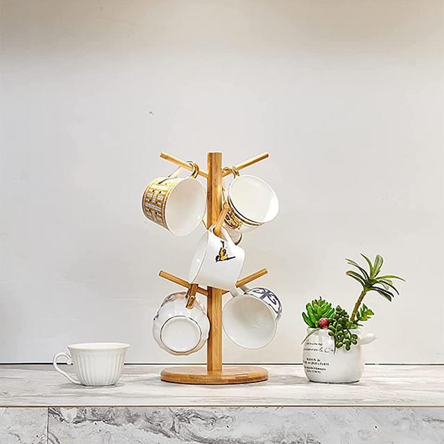 BRTBEE Bamboo Mug Rack Tree, Bamboo Mug Holder, Mug Trees, Coffee Cup Dryer with 6 Hooks