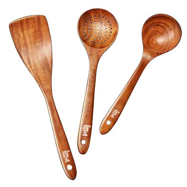 IZM 3-Piece Wooden Spoons for Cooking – Premium Teak Wood Utensil Set with Smooth Finish – Non-Stick, Heat-Resistant & Durable Wooden Kitchen Utensils