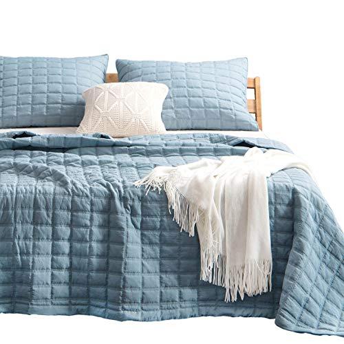 KASENTEX Quilt-Bedding-Coverlet-Blanket-Set, Machine Washable, Ultra Soft, Lightweight, Stone-Washed, Detailed Stitching - Hypoallergenic - Solid Color (Grey Blue, Oversized Queen + 2 Shams)