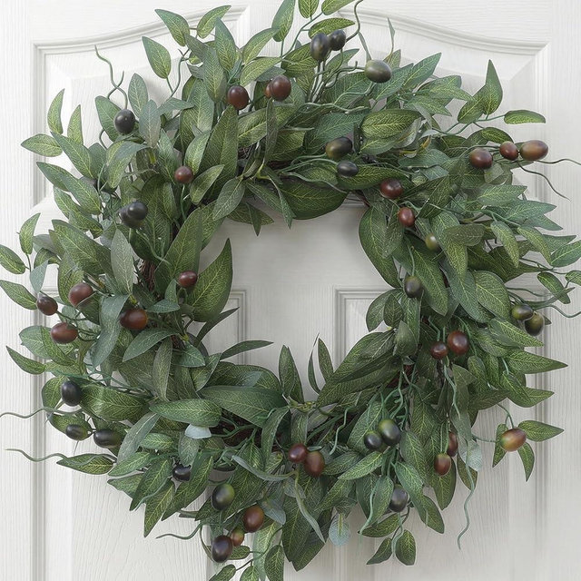 BHHDA Olive Wreaths 20 Inch Wreath for Front Door with Purely Handmade Realistic Dense Olive Leaf Olive Berry, Elegant Home Decor Wreath Ideal for Front Doors, Hallways, Any Area You Want to Brighten