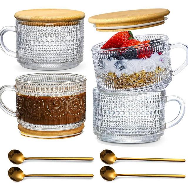 MHDCLY Coffee Mug, 14oz Overnight Oats Containers With Lids,4pack Coffee Bar Accessories,Kitchen Gifts,Tea Cup,House Warming Gifts New Home