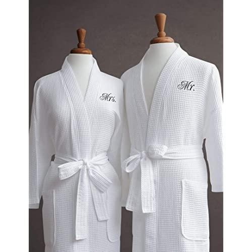 Luxor Linens Mr. & Mrs. Couple's Waffle Weave Bathrobe Set - 100% Egyptian Cotton - Unisex/One Size Fits Most Spa Robe Luxurious Soft Plush Elegant Script Embroidery Mr. & Mrs.