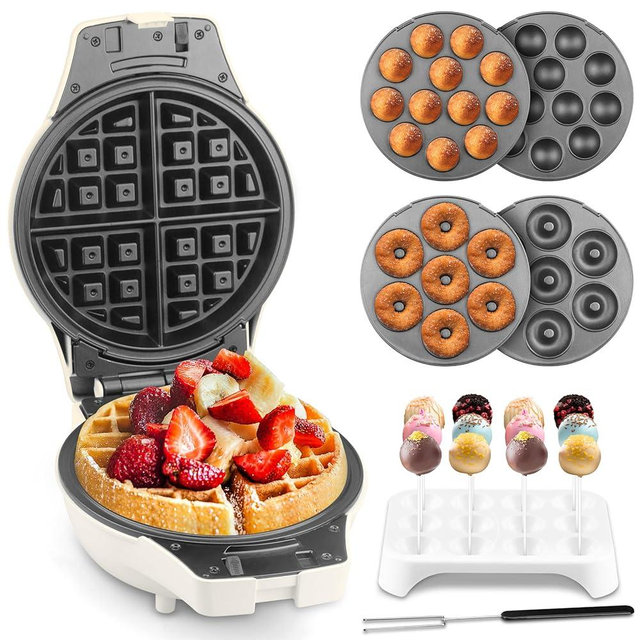 SugarWhisk 3 in 1 Thick Belgian Waffle Maker with Removable Plates, 8" Non Stick Belgian Waffle Iron Removable Plates, Mini Donut Maker Machine, Cake Pop Maker Machine Set with Tools, White