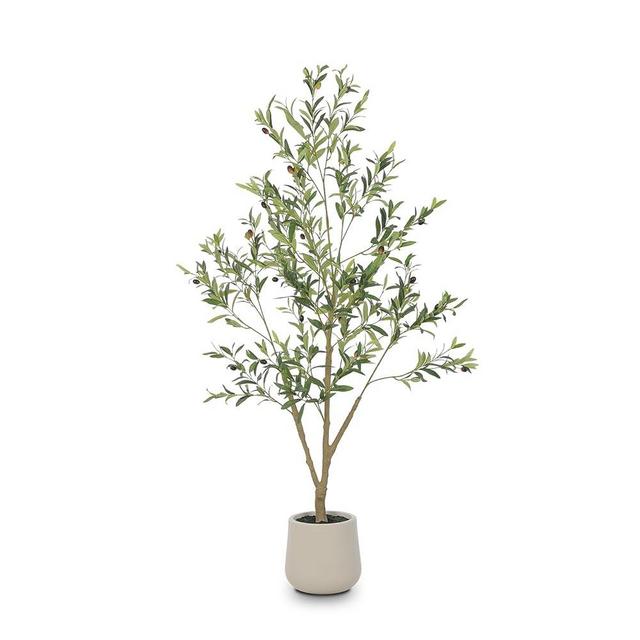 VIVATREES Olive Trees Artificial Indoor, 5FT Tall Faux Olive Tree with White Tall Planter, Artificial Plants with Natural Wood Trunk and Lifelike Fruits for Home Office Decor