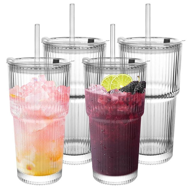 CHPINDAM Ribbed Drinking Glasses,with Lids and Straws Glass Cup,19oz Glass cup,4 Pack Old Fashioned Glasses,Thickened for iced coffees,cocktails and juices, perfect for families and parties (4)