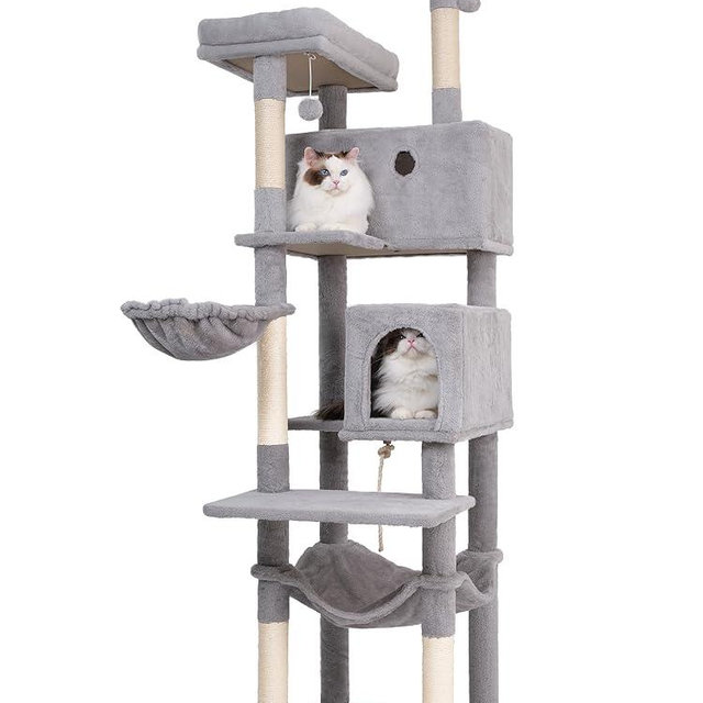 Ouritsu Cat Tree, 73.62” Tall Cat Tower for Large Cat Indoor, Two Top Perches One Widened, Two Widened Condos with Window and Side Door, Scratching Post, Hammock, Fluffy Basket, Light Gray, XLF001GA