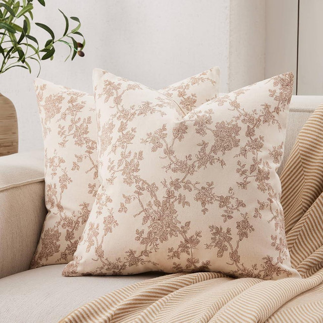YZJZEDS 100% Cotton French Pastoral Throw Pillow Covers Set of 2, 20x20 Inch Brown Farmhouse Decorative Cushion Covers for Sofa Bed Living Room Home Decor