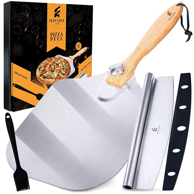 ELEVATEY Aluminium Pizza Peel 12” Inch x 14’’ Inch Foldable Wooden Handle - Metal Pizza Paddle with Rocker Cutter and Silicone Brush - Easy Storage Metal Pizza Spatula for Indoor and Outdoor Ovens