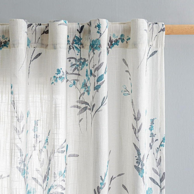 MYSKY HOME Linen Sheer Curtains 84 inches Long for Living Room Window Curtains Light Filtering Privacy Protect Farmhouse Style Decorative Texture Soft Touch for Dining Room/Cafe, Teal, 2 Pcs