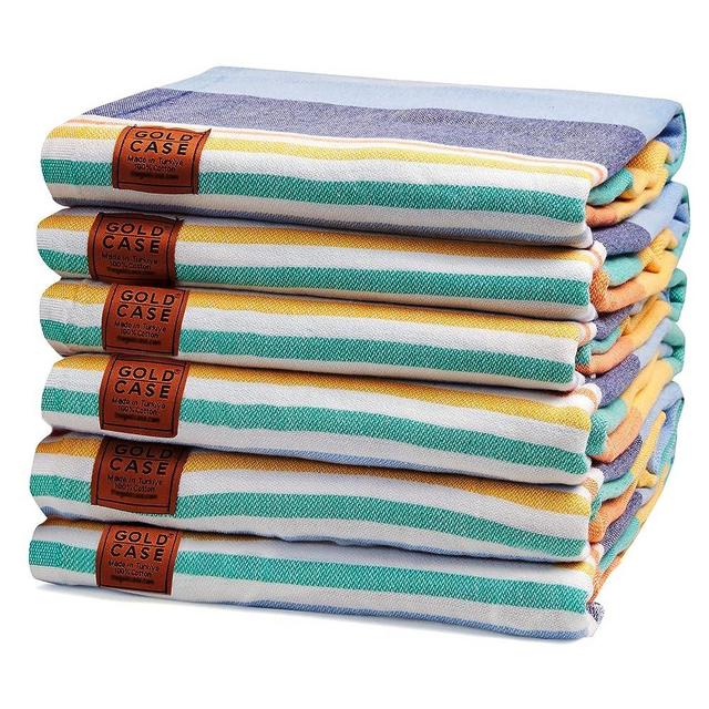 Gold CASE Turkish Beach Towel - Set of 6-100% Cotton - 70x38 inches XXL Oversized - PRE-Washed - Quick Dry Sand Free Turkish Towel - Lightweight Bath Towels (Olympos-Multicolor-1)