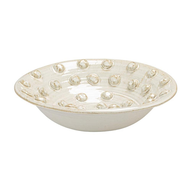 Creative Co-Op Handmade Terracotta Low Bowl with Raised Dots in Reactive Glaze, Cream