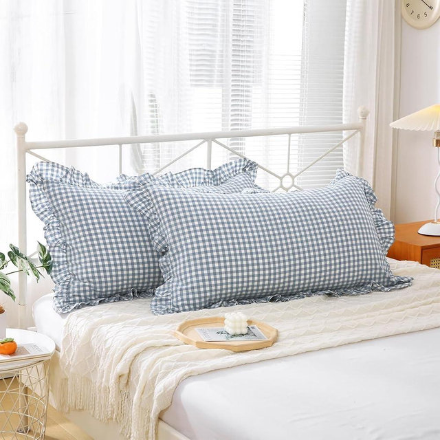 K MASANIJI 2 Pack Dust Blue White Plaid Gingham Ruffle Pillow Shams Standard Size 20x26 inches, 100% Washed Cotton Buffalo Checkered Farmhouse Pillow Covers (20x26 inches,Dust Blue/White Plaid)