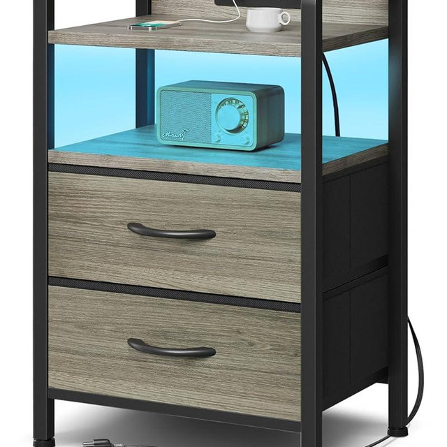 Lazzanto Night Stand Bedside Charger Bedroom - Grey Nightstand with Charging Station & LED Light Strip, Morden End Table with USB Ports & AC Outlets, Night Stand with Storage Shelf & 2 Fabric Drawers